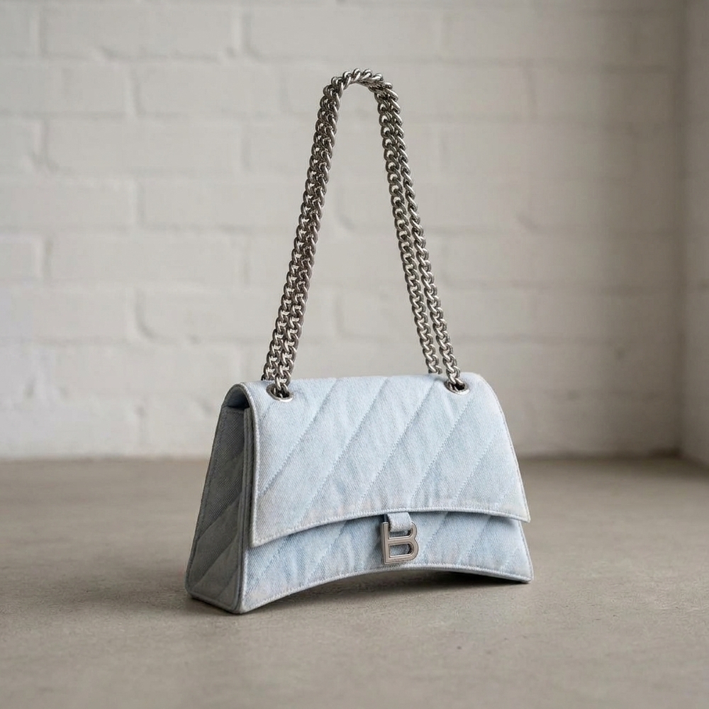 NEW BALENCIAGA women's quilted denim crush chain bag in light blue